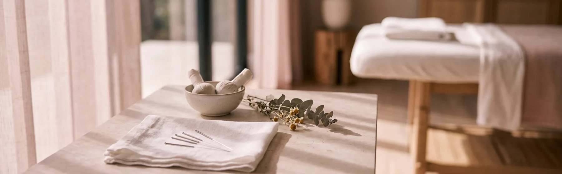 Acupuncture needles resting on white linen beside a ceramic bowl and dried botanicals in a softly lit treatment room