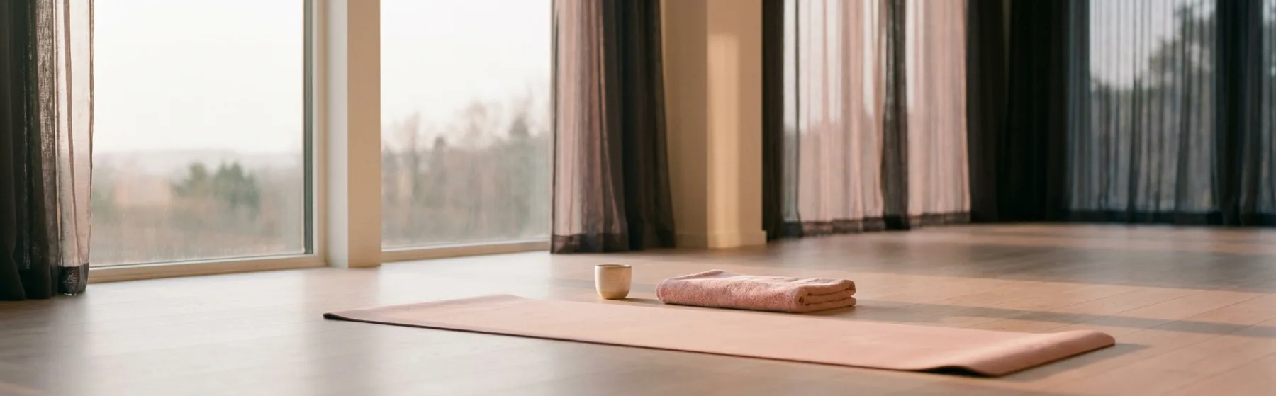 A warm yoga studio at the end of the day, low golden light across a pale wood floor with one mat left unrolled