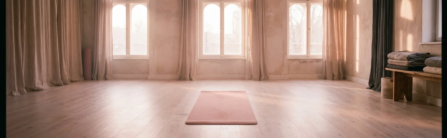 A warm empty yoga studio in golden rose light with a single blush mat unrolled in the centre of the room