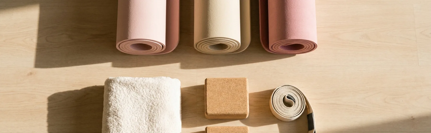 Rolled blush and sand yoga mats, a folded towel, cork blocks and a strap laid out on a warm wood studio floor