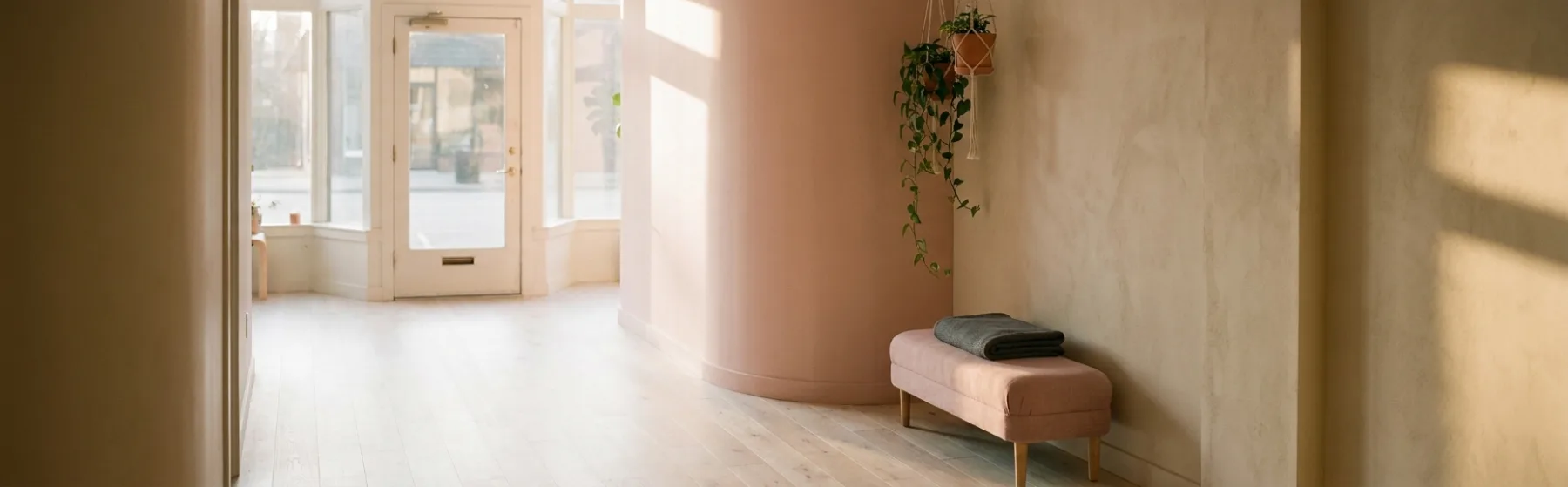 The warm entrance of a boutique yoga studio seen from inside, daylight through a glass door and a trailing plant