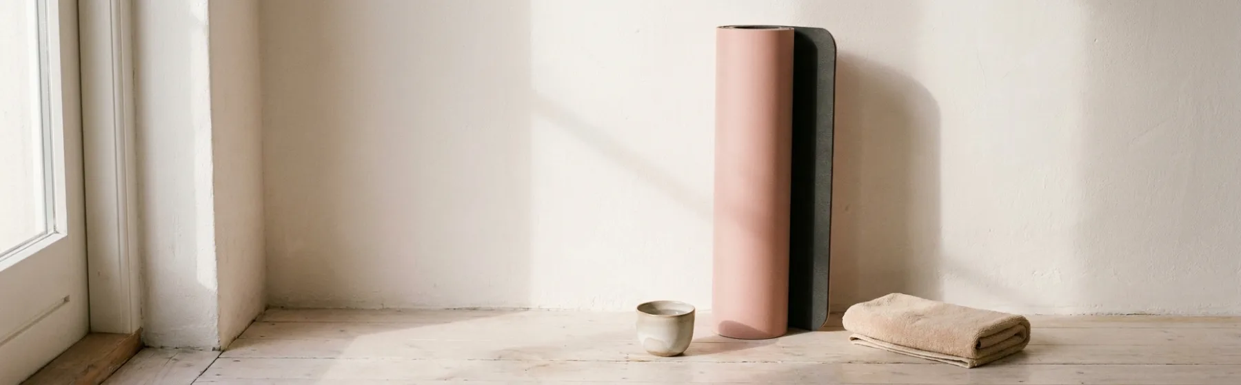 A rolled blush yoga mat standing against a warm white wall beside a small ceramic cup and a folded towel