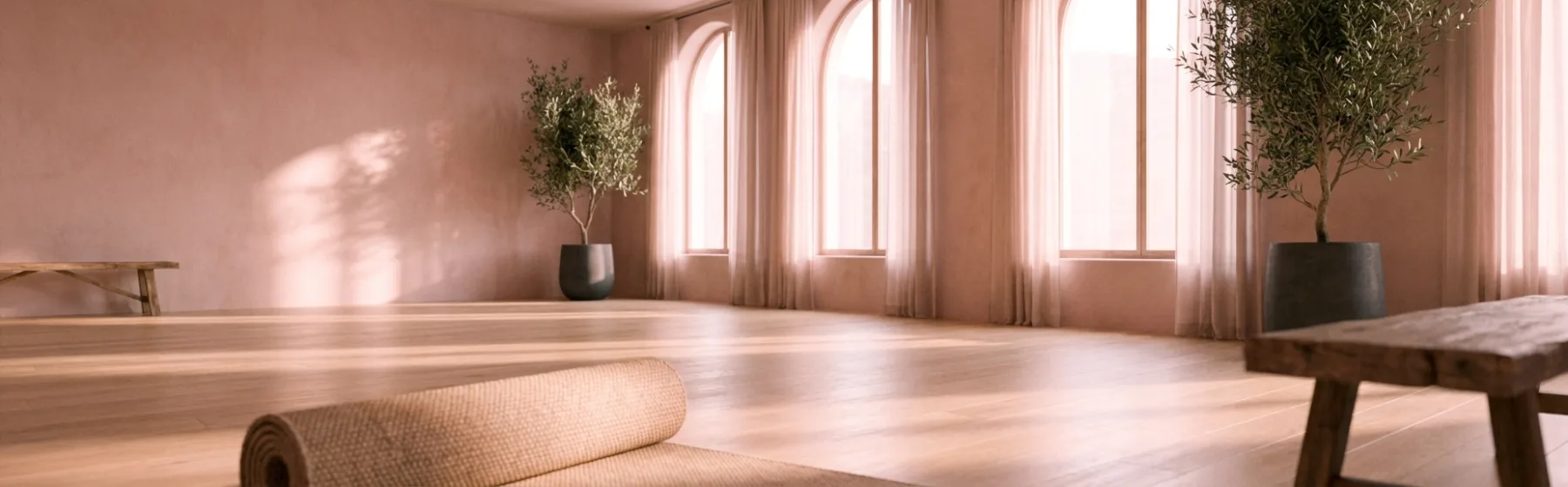 A warm sunlit yoga studio interior with pale wood floor, a wooden bench and a rolled mat in soft focus
