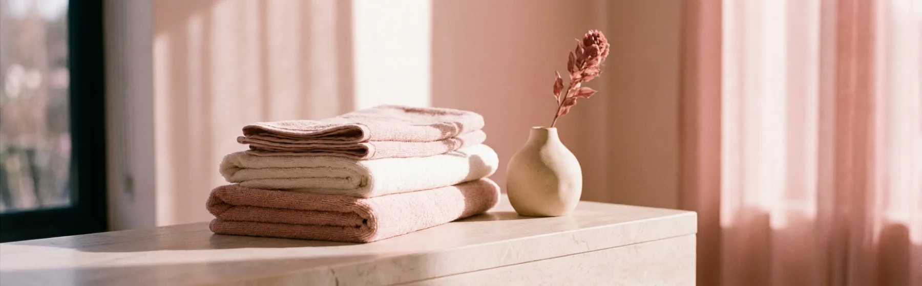 Neatly folded blush and white towels on a stone counter beside a ceramic vase holding a single dried stem