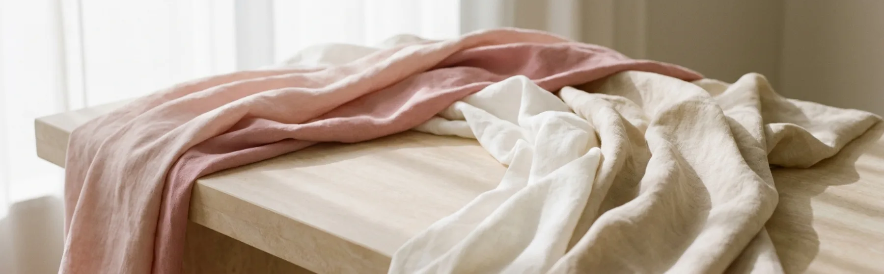 Soft folds of blush and warm white linen draped across a pale stone surface in gentle raking light