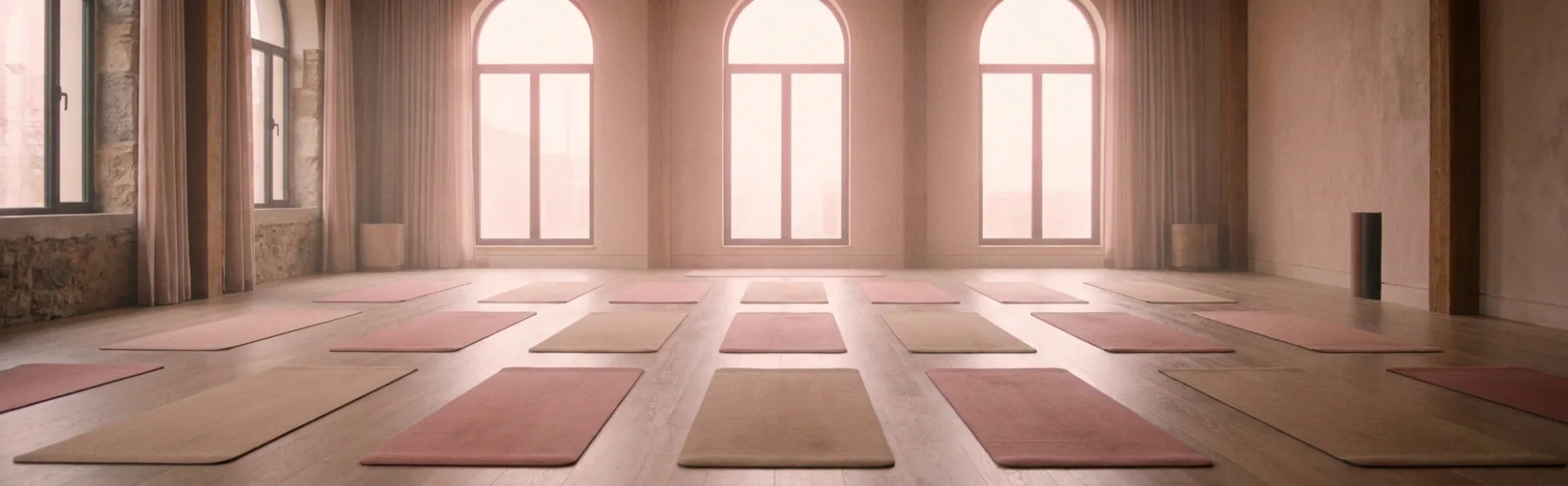 An empty infrared-heated studio before class, rows of blush mats laid out on a pale wood floor in warm rose light